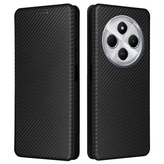 For Xiaomi Poco C75 4G / Redmi 14R 5G / 14C 4G Case Carbon Fiber Texture Drop-Proof PU Leather Phone Cover - Black