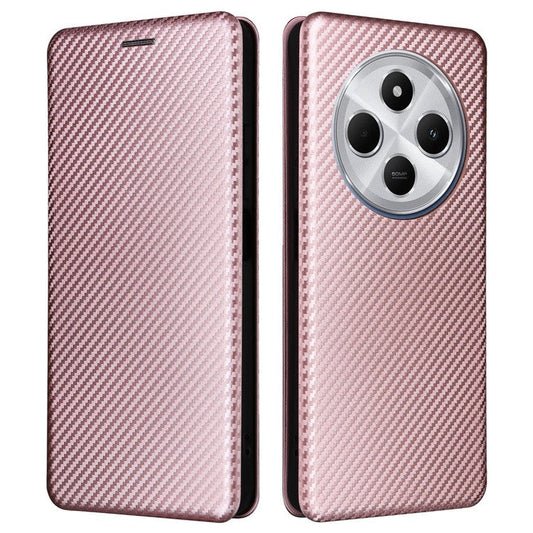 For Xiaomi Poco C75 4G / Redmi 14R 5G / 14C 4G Case Carbon Fiber Texture Drop-Proof PU Leather Phone Cover - Rose Gold