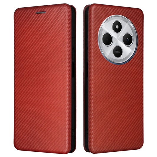 For Xiaomi Poco C75 4G / Redmi 14R 5G / 14C 4G Case Carbon Fiber Texture Drop-Proof PU Leather Phone Cover - Brown