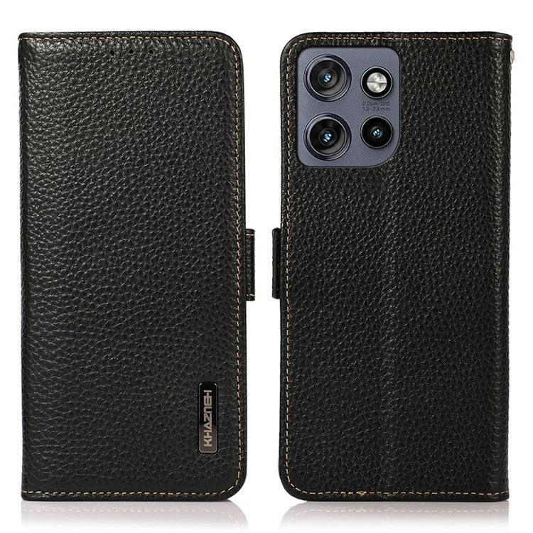 KHAZNEH For Motorola Edge 50 Neo 5G / Moto S50 5G / Thinkphone 25 5G Phone Case Genuine Cow Leather Cover RFID Blocking - Black