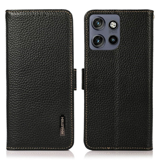 KHAZNEH For Motorola Edge 50 Neo 5G / Moto S50 5G / Thinkphone 25 5G Phone Case Genuine Cow Leather Cover RFID Blocking - Black