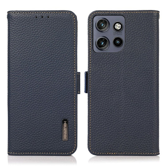 KHAZNEH For Motorola Edge 50 Neo 5G / Moto S50 5G / Thinkphone 25 5G Phone Case Genuine Cow Leather Cover RFID Blocking - Blue