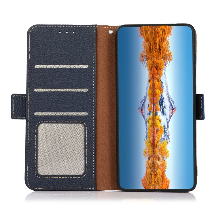 KHAZNEH For Motorola Edge 50 Neo 5G / Moto S50 5G / Thinkphone 25 5G Phone Case Genuine Cow Leather Cover RFID Blocking - Blue