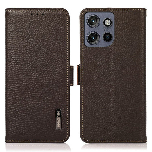 KHAZNEH For Motorola Edge 50 Neo 5G / Moto S50 5G / Thinkphone 25 5G Phone Case Genuine Cow Leather Cover RFID Blocking - Brown