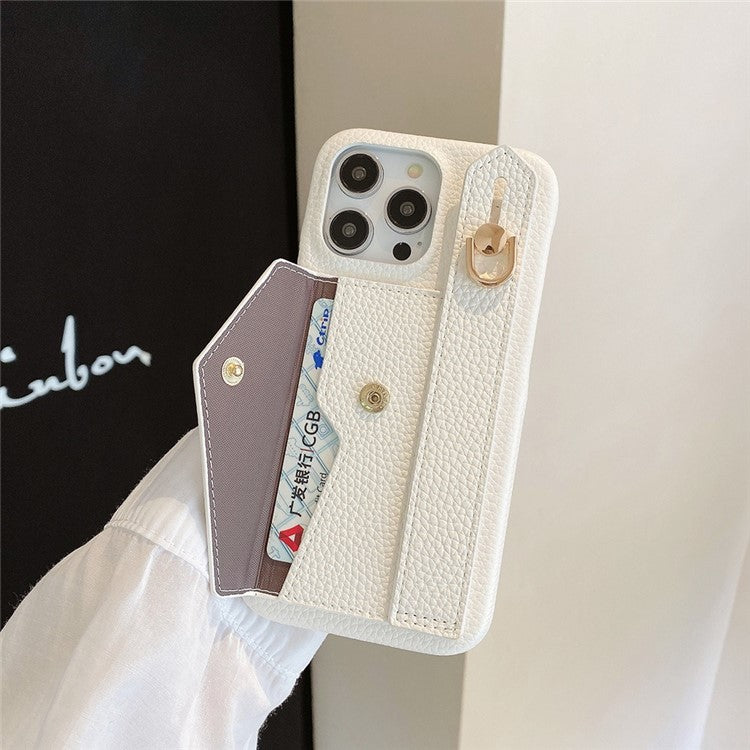 For iPhone 16 Pro Case Wristband Kickstand Card Slot PU Leather+PET Phone Cover - Dark Brown