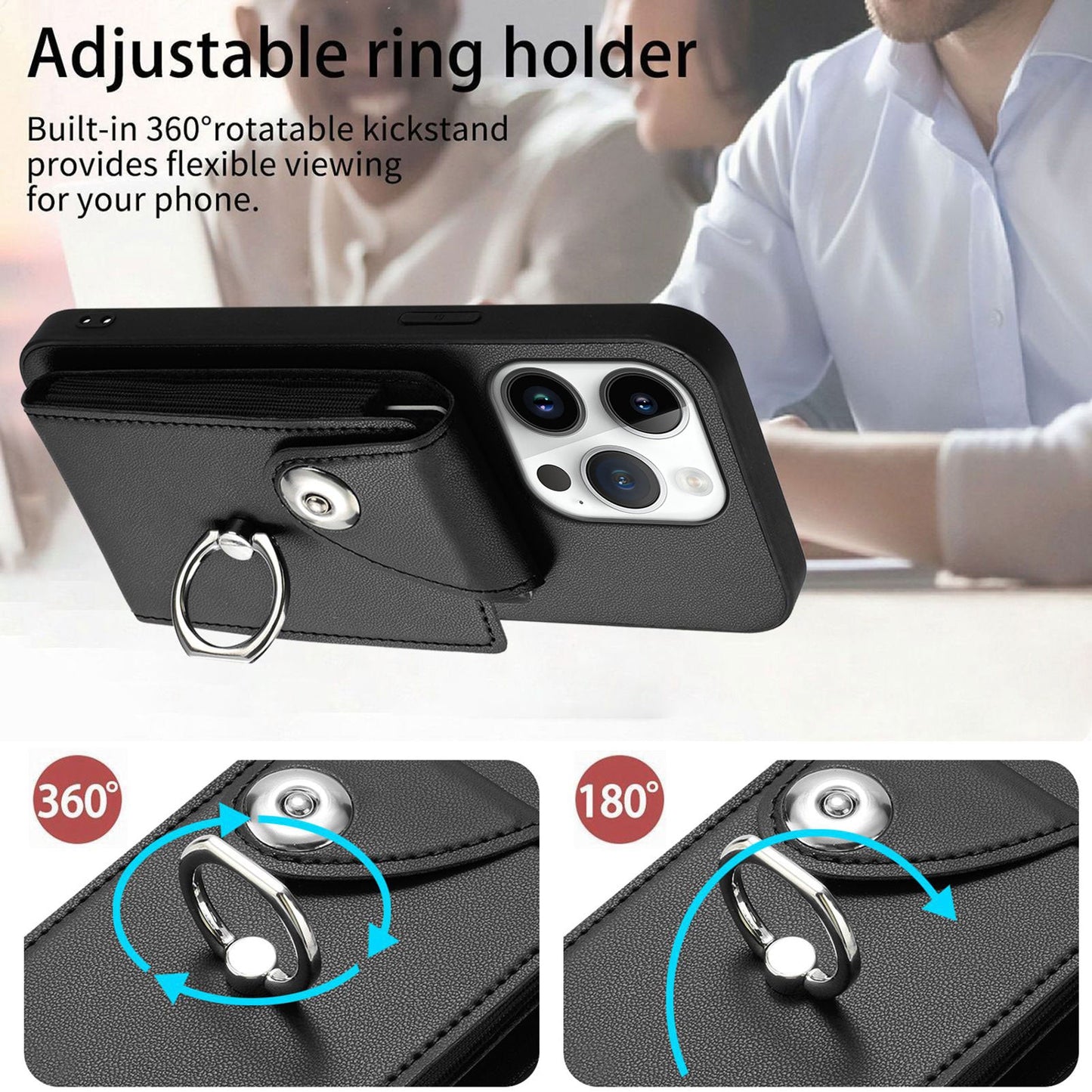 For iPhone 16 Pro Case YB Leather Coating Series-7 Card Holder Leather TPU Phone Cover with Kickstand - Black