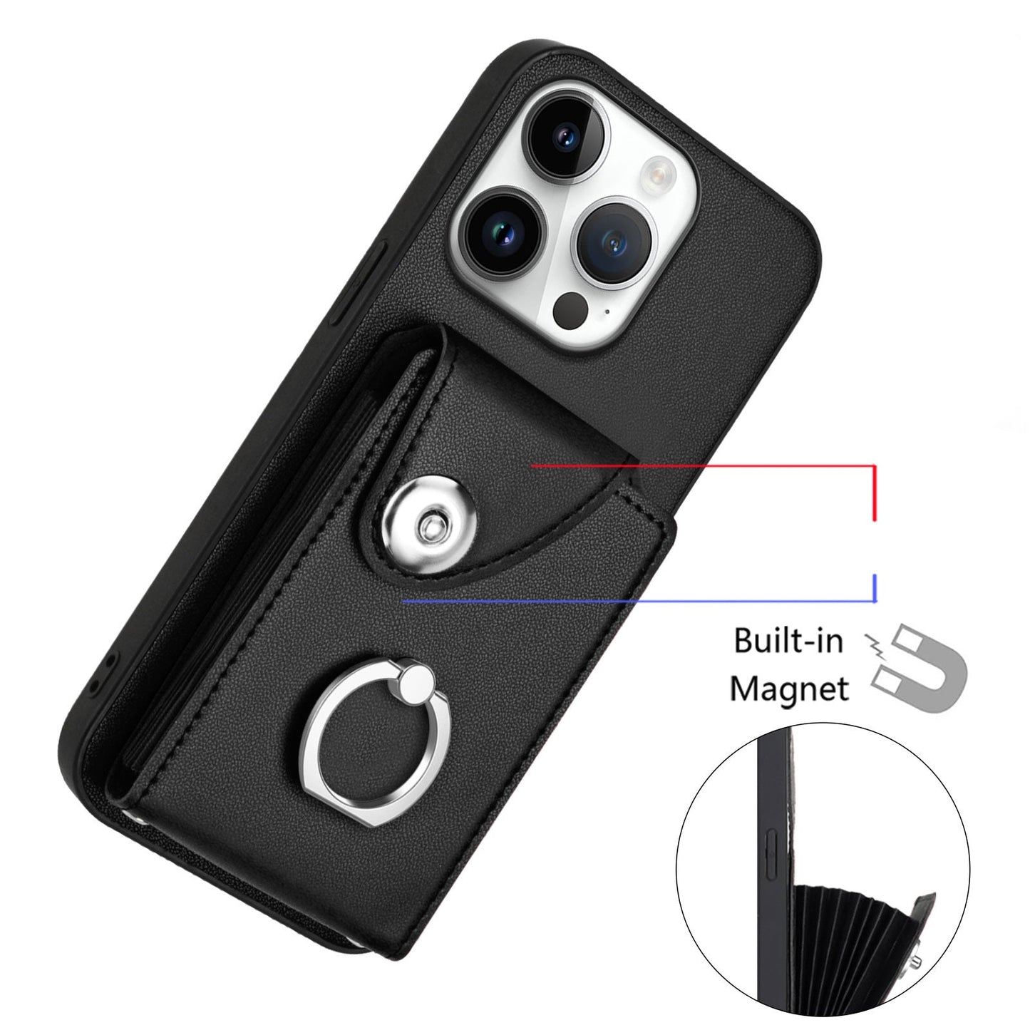 For iPhone 16 Pro Case YB Leather Coating Series-7 Card Holder Leather TPU Phone Cover with Kickstand - Black