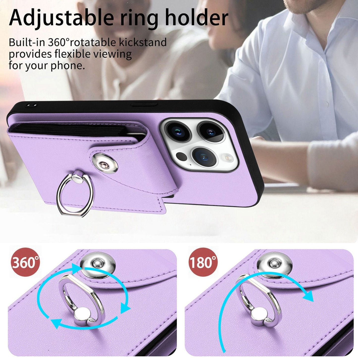 For iPhone 16 Pro Case YB Leather Coating Series-7 Card Holder Leather TPU Phone Cover with Kickstand - Purple