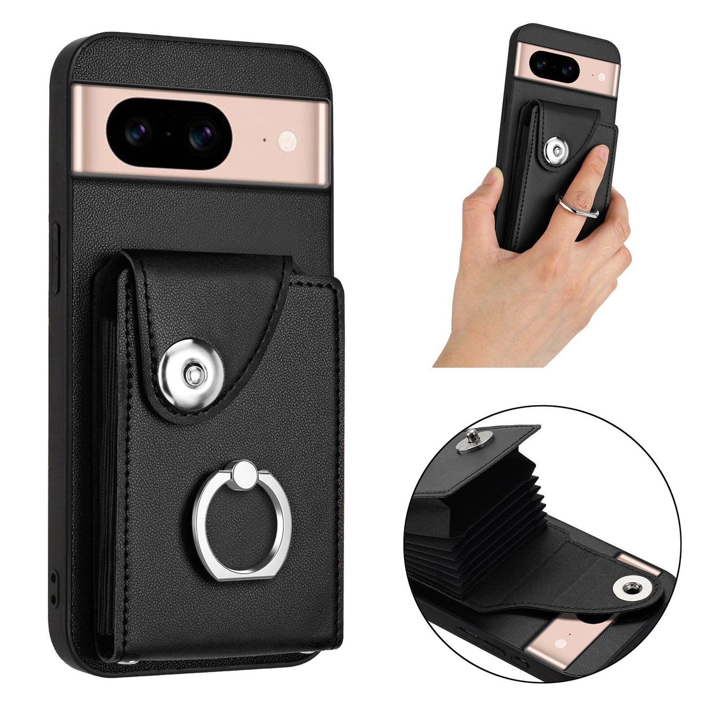 For Google Pixel 8a Case YB Leather Coating Series-7 Card Holder Leather TPU Phone Cover with Kickstand - Black