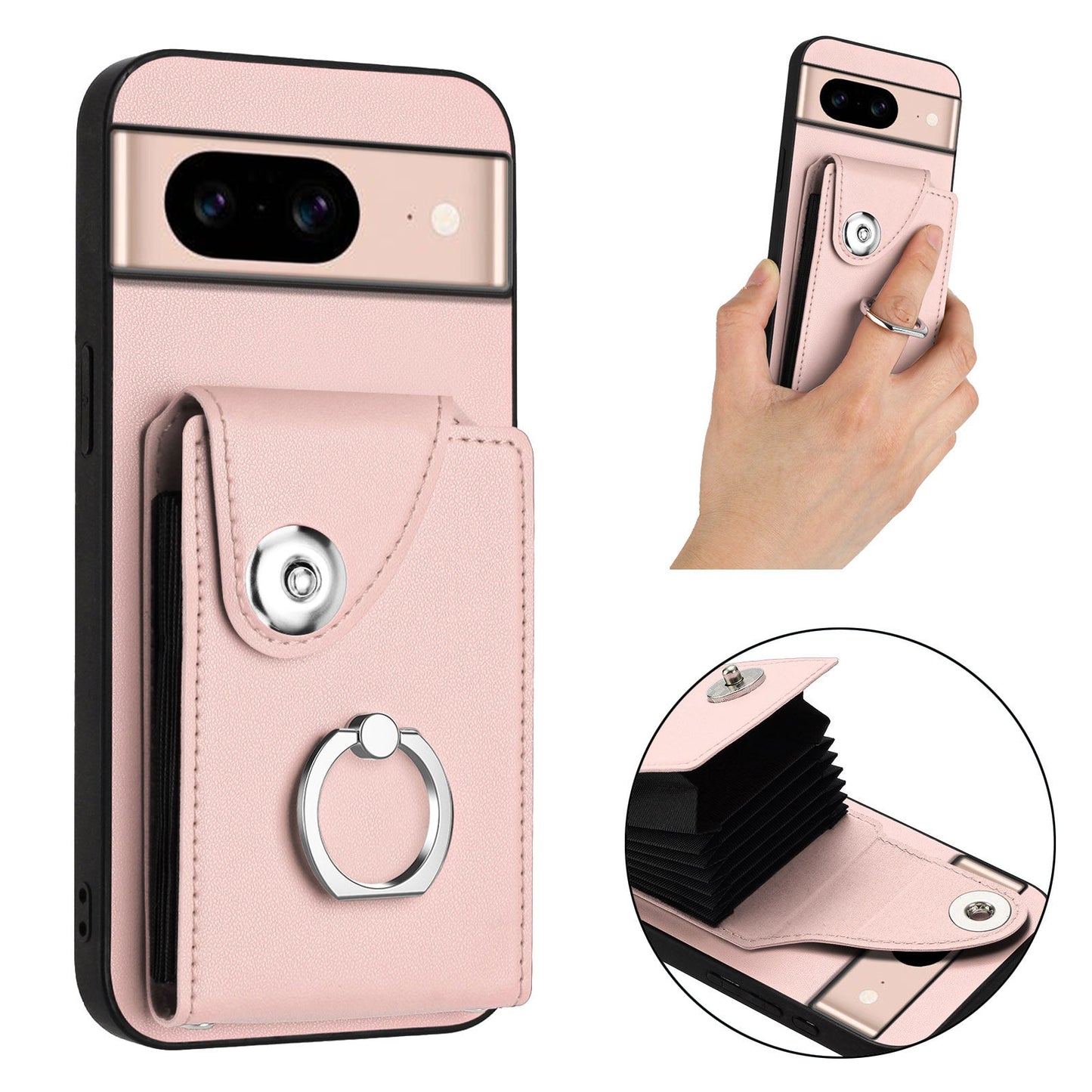 For Google Pixel 8a Case YB Leather Coating Series-7 Card Holder Leather TPU Phone Cover with Kickstand - Pink
