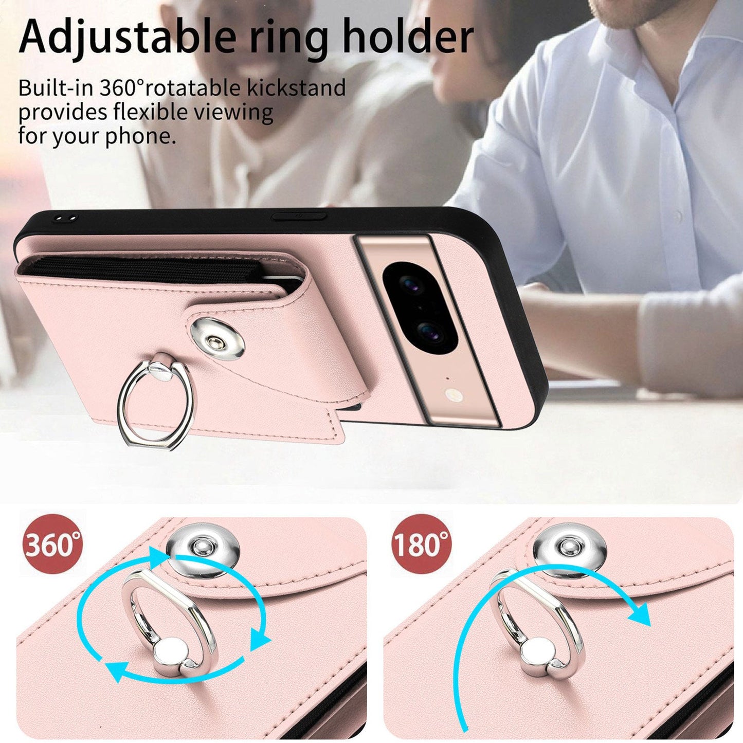 For Google Pixel 8a Case YB Leather Coating Series-7 Card Holder Leather TPU Phone Cover with Kickstand - Pink