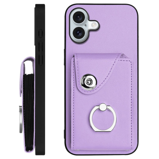 For iPhone 16 Plus Case YB Leather Coating Series-7 Card Holder Leather TPU Phone Cover with Kickstand - Purple