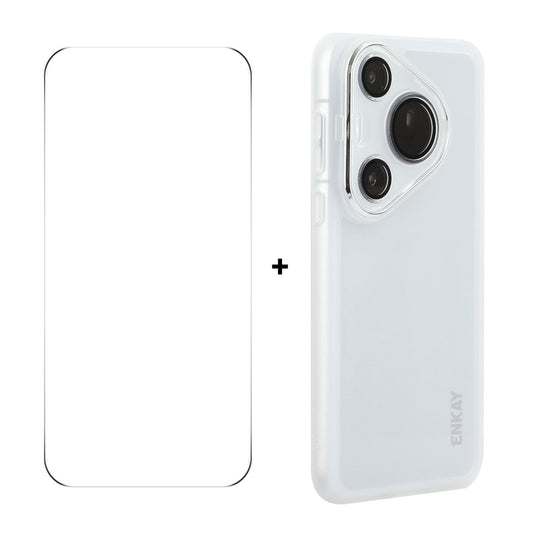 For Huawei Pura 70 ENKAY HAT PRINCE Case Matte TPU Phone Cover with Lens Film + 9H Glass Protector - White