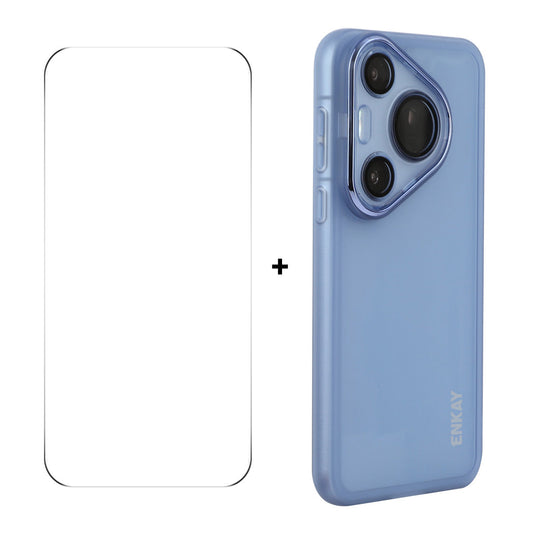 For Huawei Pura 70 ENKAY HAT PRINCE Case Matte TPU Phone Cover with Lens Film + 9H Glass Protector - Blue