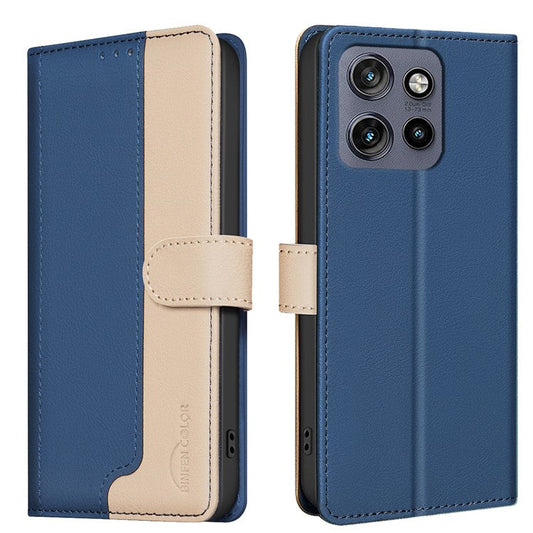 BINFEN COLOR BF33 for Motorola Edge 50 Neo 5G / Moto S50 5G / Thinkphone 25 5G Leather Case Splicing Color RFID Blocking - Blue
