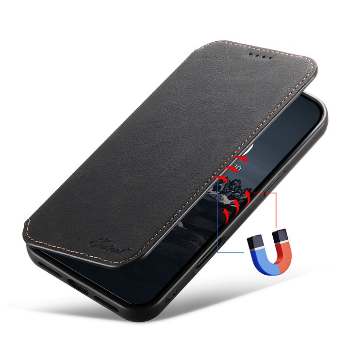SUTENI J06 For iPhone 16 Plus Case Litchi Texture Leather Wallet Phone Shell Compatible with MagSafe - Black