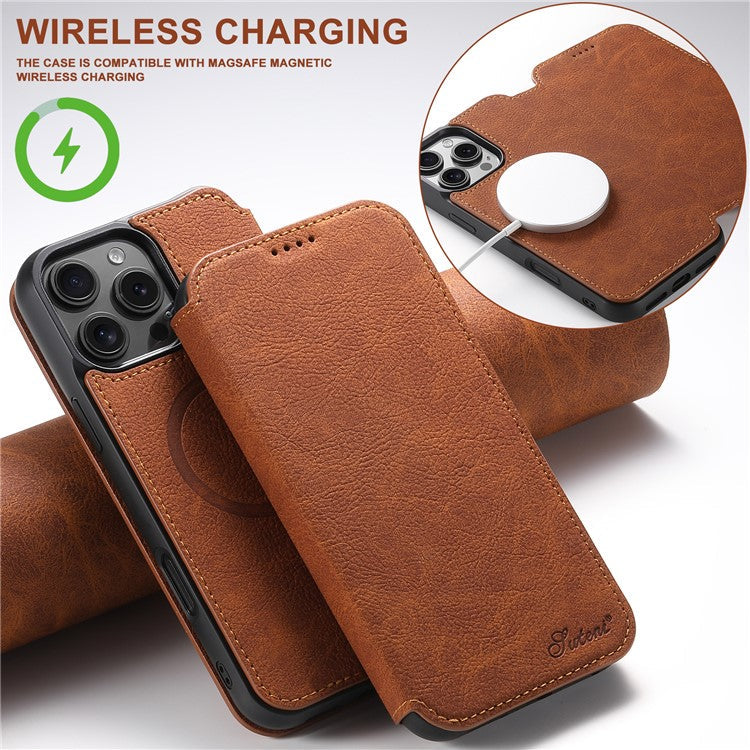 SUTENI J06 For iPhone 16 Pro Case Litchi Texture Leather Wallet Phone Shell Compatible with MagSafe - Khaki