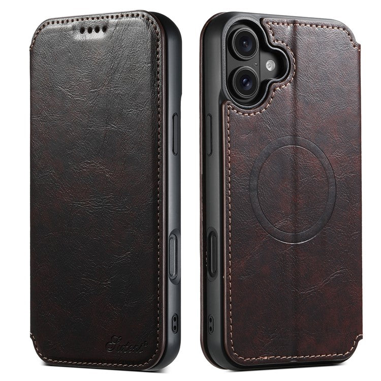 SUTENI J06 For iPhone 16 Plus Case Compatible with MagSafe Textured PU Leather Flip Phone Cover - Brown