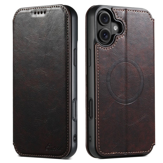 SUTENI J06 For iPhone 16 Plus Case Compatible with MagSafe Textured PU Leather Flip Phone Cover - Brown