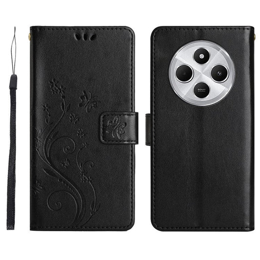 For Xiaomi Poco C75 4G / Redmi 14R 5G / 14C 4G Case Pattern Imprint PU Leather Phone Wallet Cover with Strap - Black