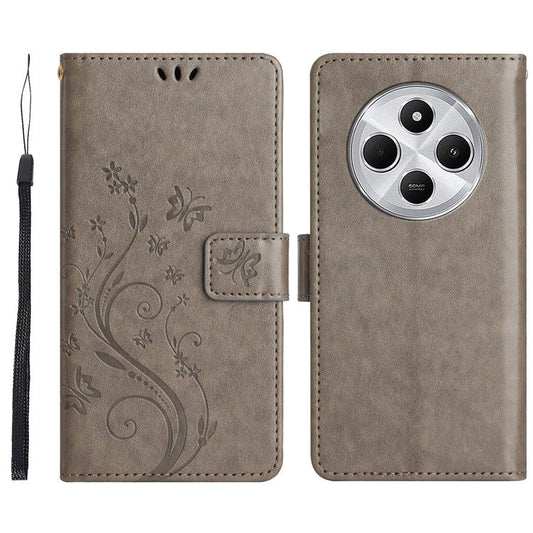For Xiaomi Poco C75 4G / Redmi 14R 5G / 14C 4G Case Pattern Imprint PU Leather Phone Wallet Cover with Strap - Grey