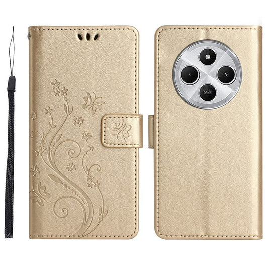 For Xiaomi Poco C75 4G / Redmi 14R 5G / 14C 4G Case Pattern Imprint PU Leather Phone Wallet Cover with Strap - Gold