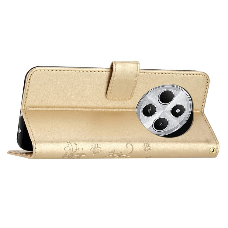 For Xiaomi Poco C75 4G / Redmi 14R 5G / 14C 4G Case Pattern Imprint PU Leather Phone Wallet Cover with Strap - Gold