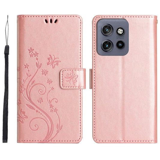 For Motorola Edge 50 Neo 5G / Moto S50 5G / Thinkphone 25 5G Case Pattern Imprint PU Leather Phone Wallet Cover with Strap - Rose Gold