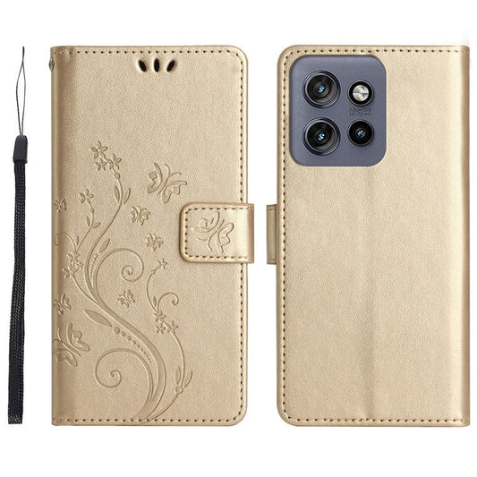 For Motorola Edge 50 Neo 5G / Moto S50 5G / Thinkphone 25 5G Case Pattern Imprint PU Leather Phone Wallet Cover with Strap - Gold