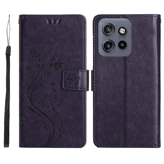For Motorola Edge 50 Neo 5G / Moto S50 5G / Thinkphone 25 5G Case Pattern Imprint PU Leather Phone Wallet Cover with Strap - Dark Purple