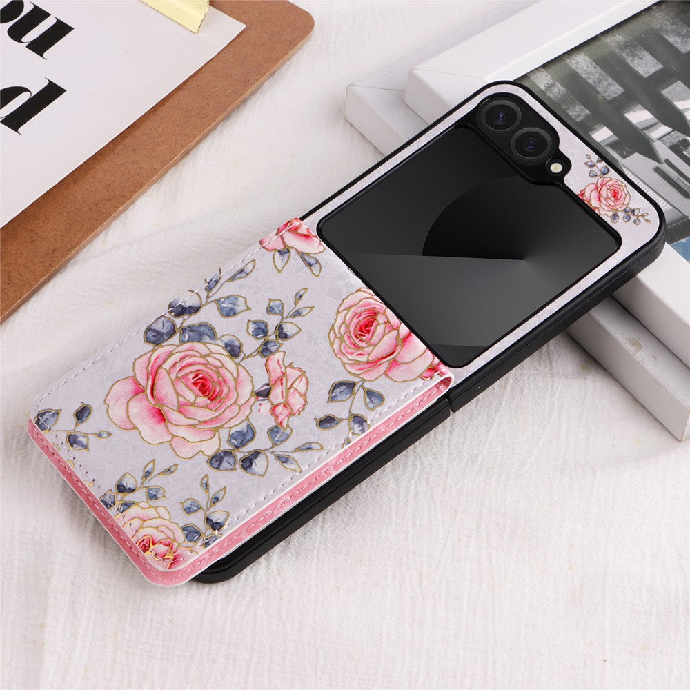 For Samsung Galaxy Z Flip7 FE 5G / Z Flip6 5G / Flip5 5G Case Flower Pattern PU+TPU Phone Cover Card Slots - Rose