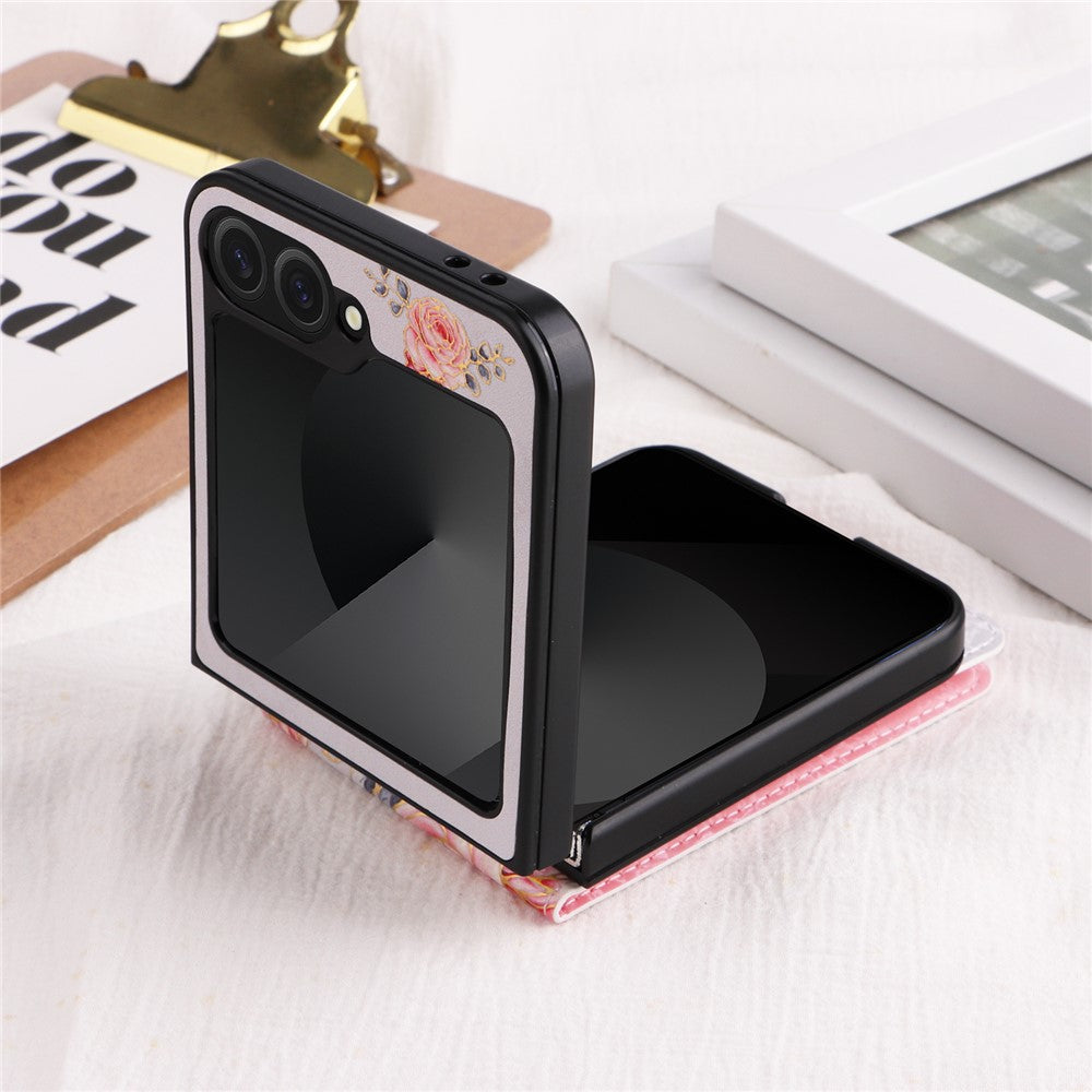 For Samsung Galaxy Z Flip7 FE 5G / Z Flip6 5G / Flip5 5G Case Flower Pattern PU+TPU Phone Cover Card Slots - Rose