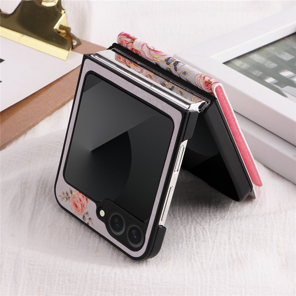 For Samsung Galaxy Z Flip7 FE 5G / Z Flip6 5G / Flip5 5G Case Flower Pattern PU+TPU Phone Cover Card Slots - Rose