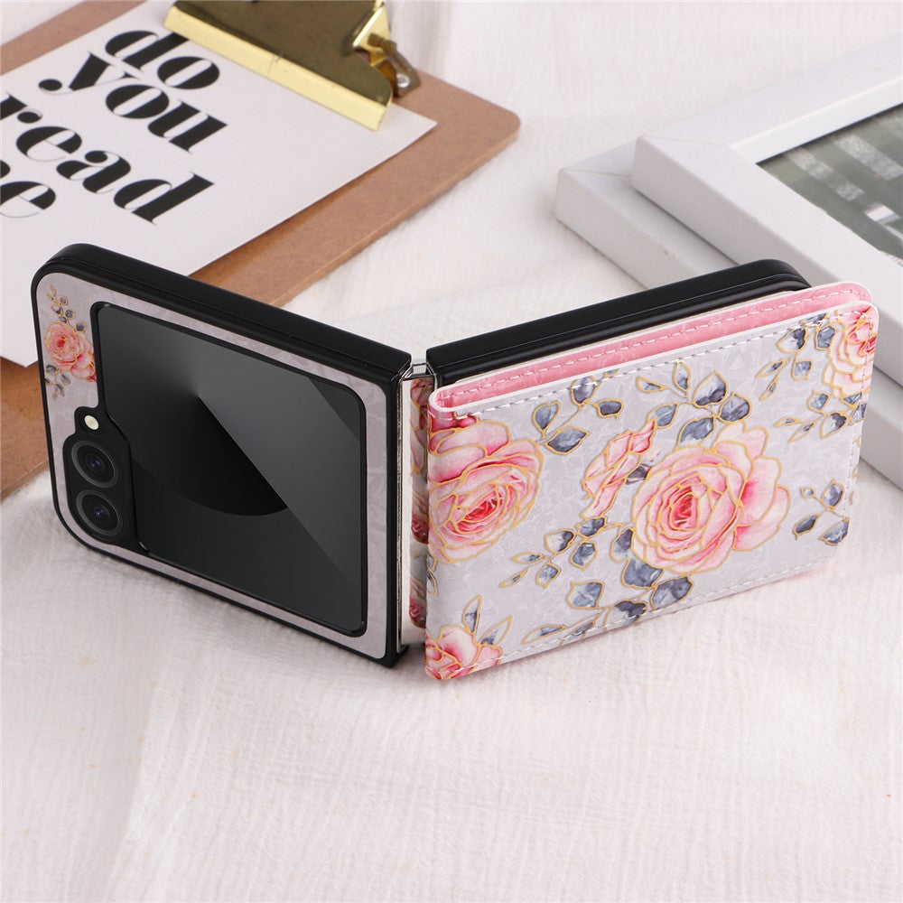 For Samsung Galaxy Z Flip7 FE 5G / Z Flip6 5G / Flip5 5G Case Flower Pattern PU+TPU Phone Cover Card Slots - Rose