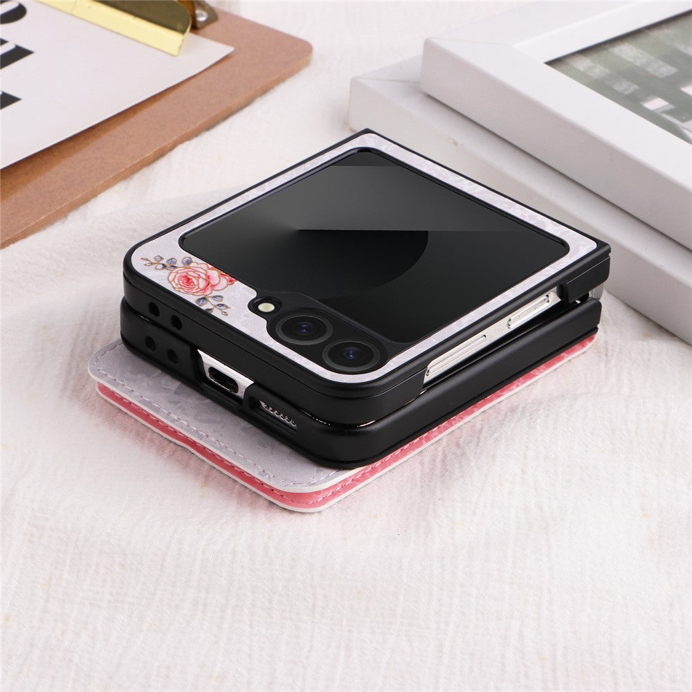 For Samsung Galaxy Z Flip7 FE 5G / Z Flip6 5G / Flip5 5G Case Flower Pattern PU+TPU Phone Cover Card Slots - Rose