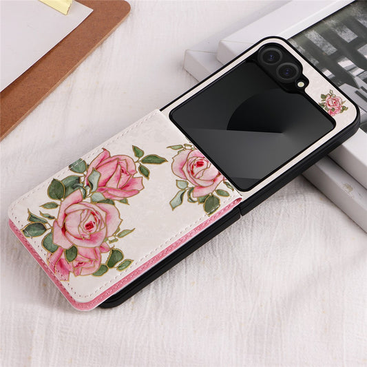 For Samsung Galaxy Z Flip7 FE 5G / Z Flip6 5G / Flip5 5G Case Flower Pattern PU+TPU Phone Cover Card Slots - Rose Flower