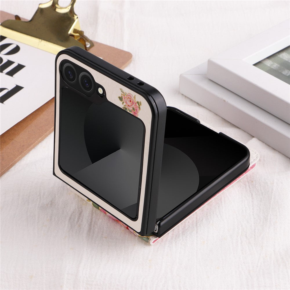For Samsung Galaxy Z Flip7 FE 5G / Z Flip6 5G / Flip5 5G Case Flower Pattern PU+TPU Phone Cover Card Slots - Rose Flower