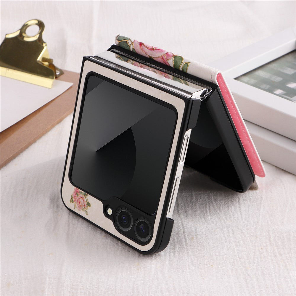 For Samsung Galaxy Z Flip7 FE 5G / Z Flip6 5G / Flip5 5G Case Flower Pattern PU+TPU Phone Cover Card Slots - Rose Flower