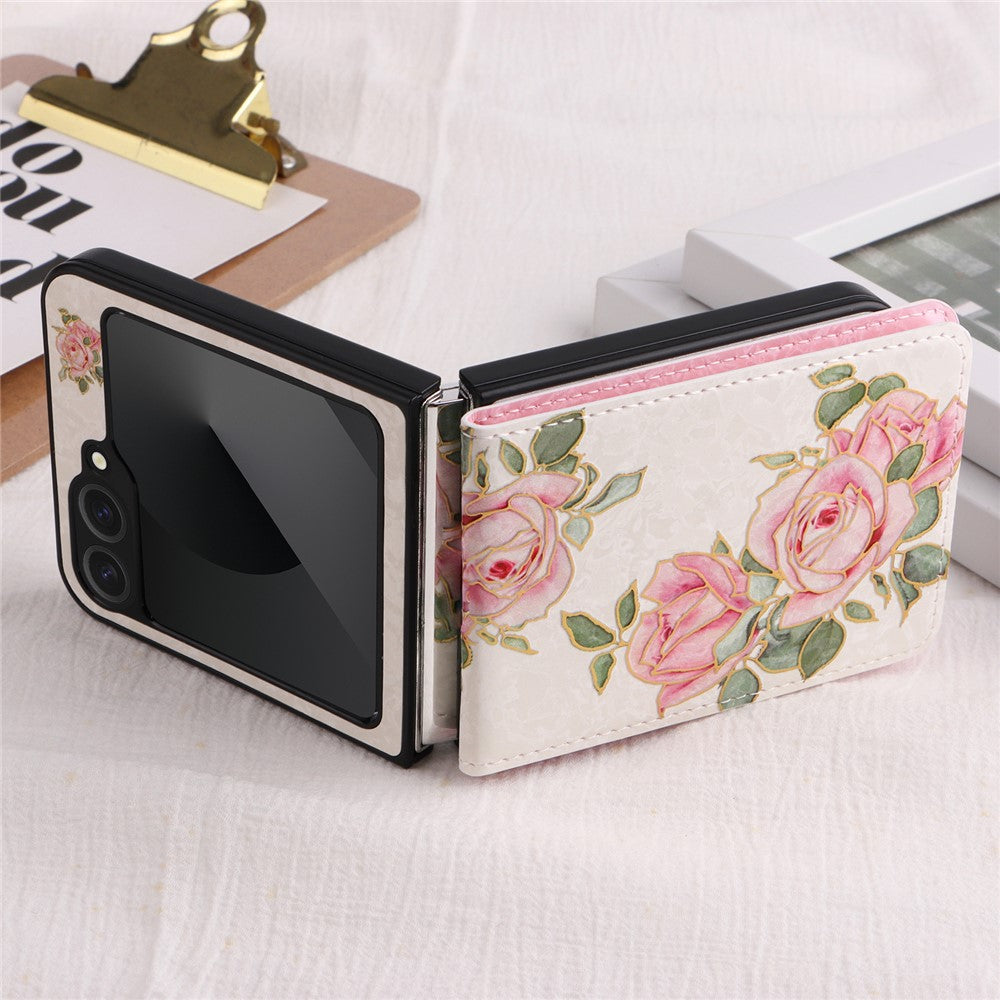 For Samsung Galaxy Z Flip7 FE 5G / Z Flip6 5G / Flip5 5G Case Flower Pattern PU+TPU Phone Cover Card Slots - Rose Flower