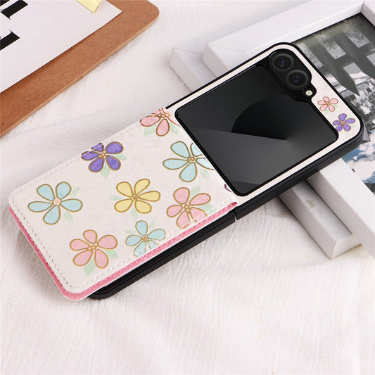 For Samsung Galaxy Z Flip7 FE 5G / Z Flip6 5G / Flip5 5G Case Flower Pattern PU+TPU Phone Cover Card Slots - Flowers