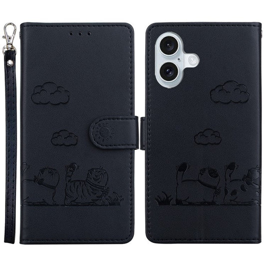 For iPhone 16 Plus Case RFID Blocking Kitten Pattern TPU+PU Leather Phone Cover - Black