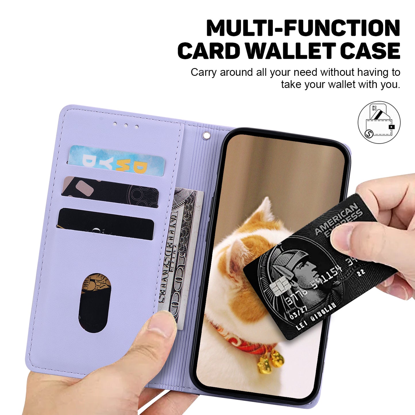 For Samsung Galaxy A16 5G / A16 4G Case RFID Blocking Kitten Pattern TPU+PU Leather Phone Cover - Purple