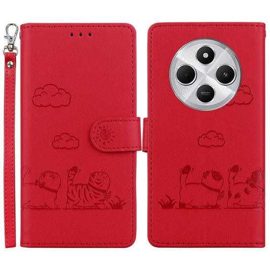 For Xiaomi Poco C75 4G / Redmi 14R 5G / 14C 4G Case RFID Blocking Kitten Pattern TPU+PU Leather Phone Cover - Red
