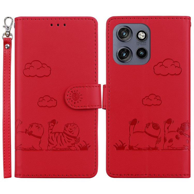 For Motorola Edge 50 Neo 5G / Moto S50 5G / Thinkphone 25 5G Case RFID Blocking Kitten Pattern TPU+PU Leather Phone Cover - Red