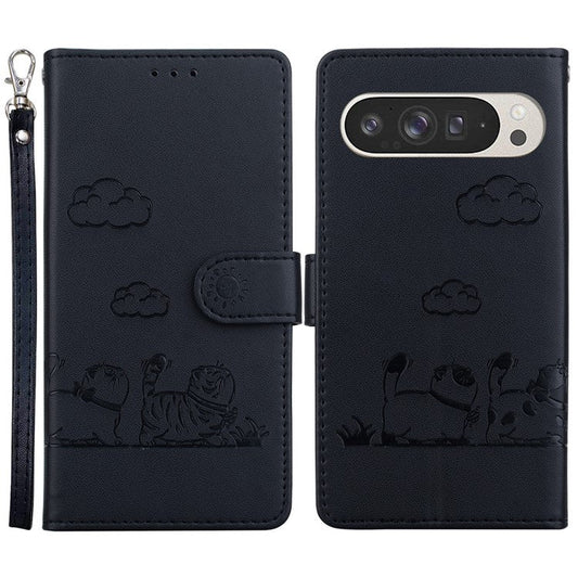 For Google Pixel 9 Pro XL Case RFID Blocking Kitten Pattern TPU+PU Leather Phone Cover - Black