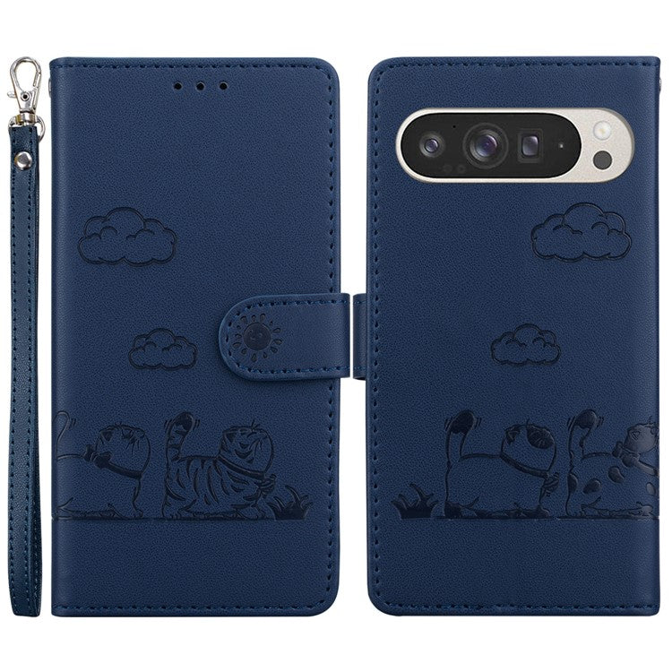 For Google Pixel 9 Pro XL Case RFID Blocking Kitten Pattern TPU+PU Leather Phone Cover - Blue