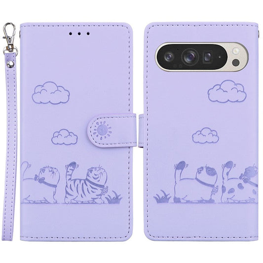 For Google Pixel 9 Pro XL Case RFID Blocking Kitten Pattern TPU+PU Leather Phone Cover - Purple