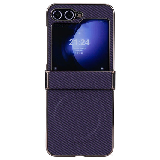 For Samsung Galaxy Z Flip7 FE 5G / Z Flip6 5G Magnetic Case Hinge Protection Carbon Fiber Texture Leather+PC Phone Cover - Dark Purple