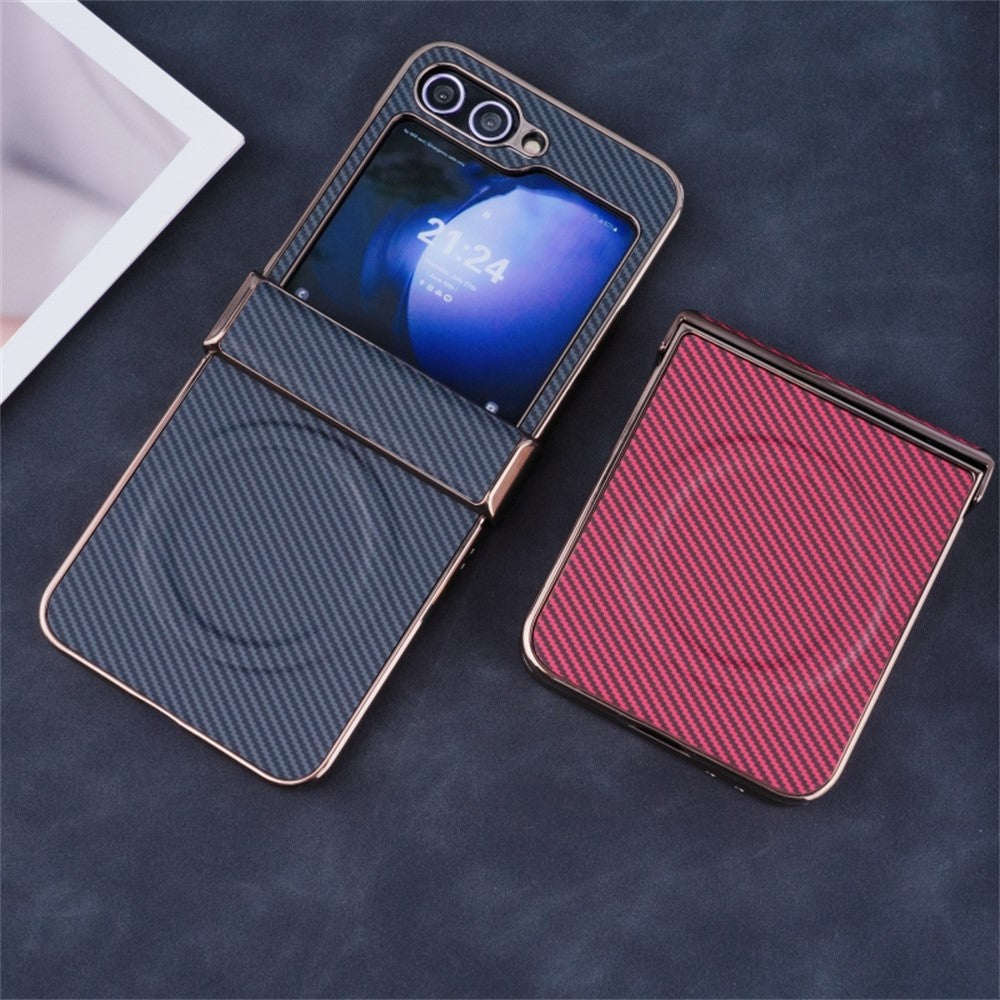 For Samsung Galaxy Z Flip7 FE 5G / Z Flip6 5G Magnetic Case Hinge Protection Carbon Fiber Texture Leather+PC Phone Cover - Red