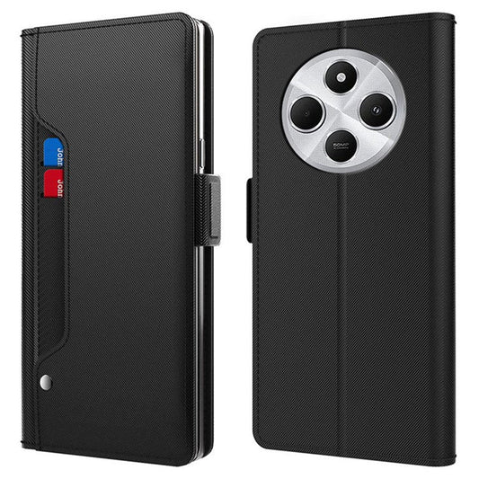 For Xiaomi Poco C75 4G / Redmi 14R 5G / 14C 4G Case Stand PU Leather Phone Cover Card Holder Mirror - Black